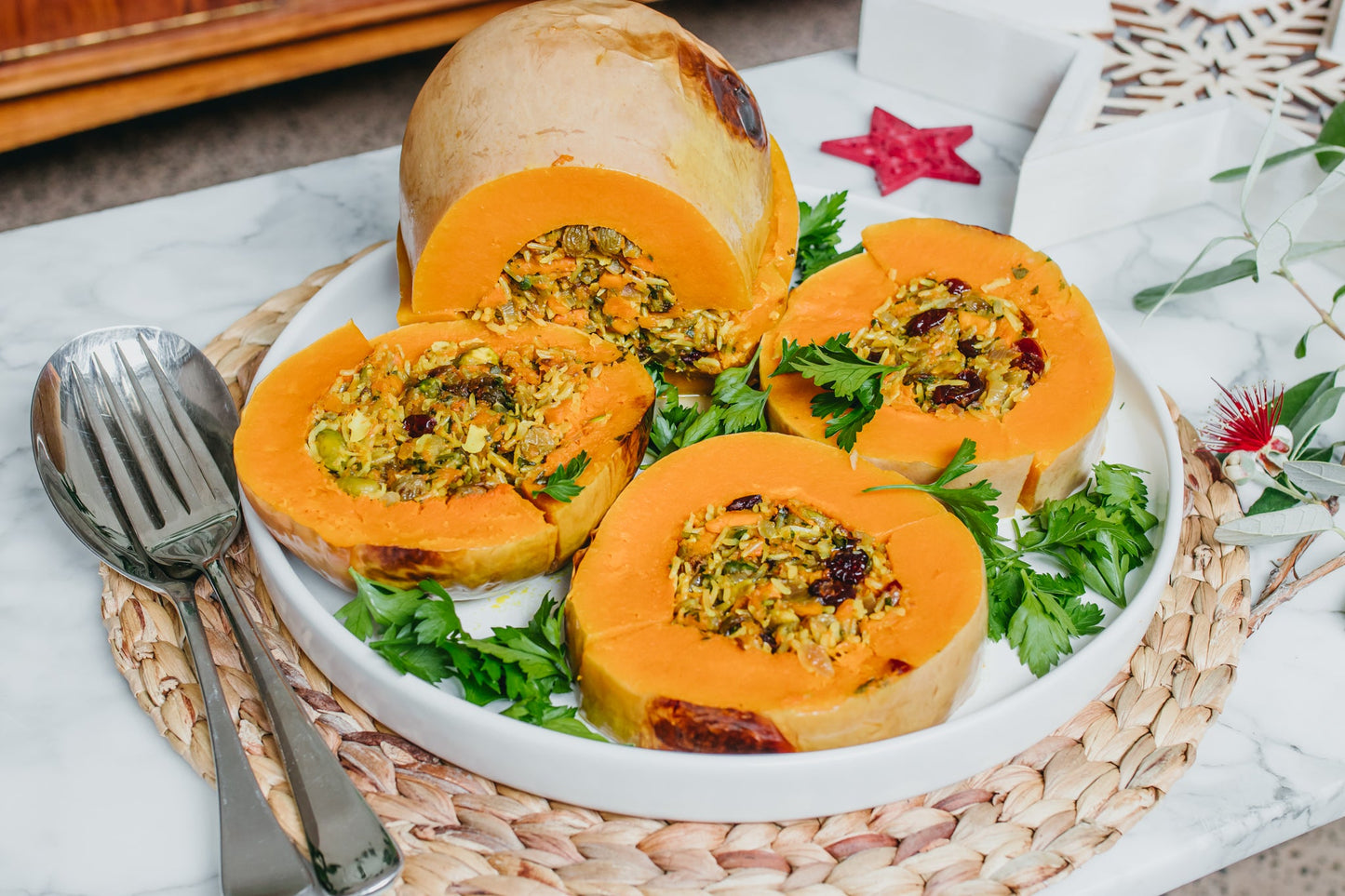 Whole Baked Butternut Pumpkin with Fruit and Nut Spiced Rice