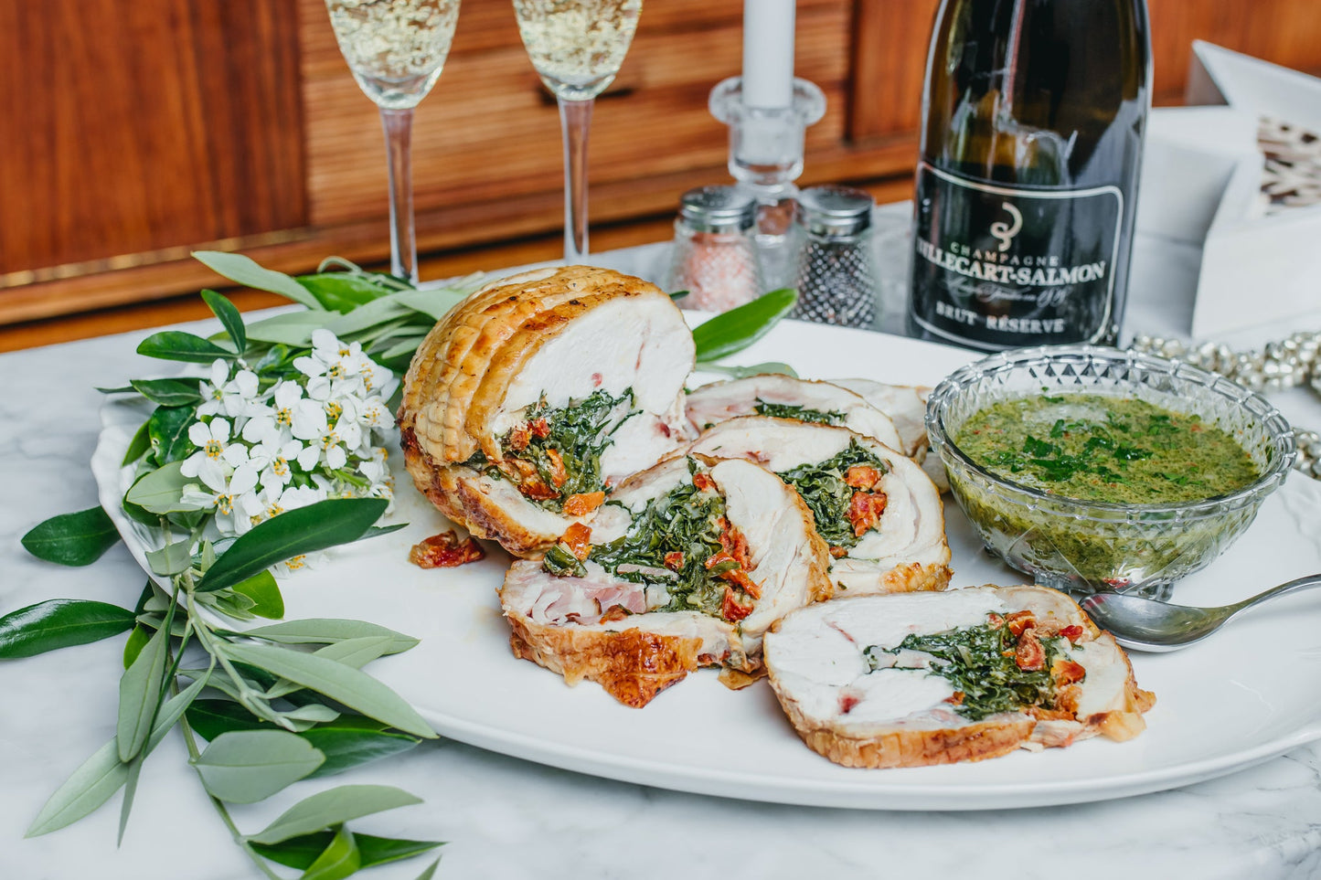 Roasted Stuffed Free Range Chicken Roll with Chimichurri Sauce