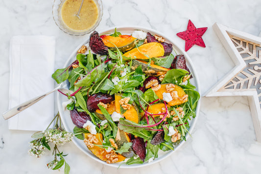 Pumpkin, Beetroot, Goats Cheese & Maple Candied Walnut Salad