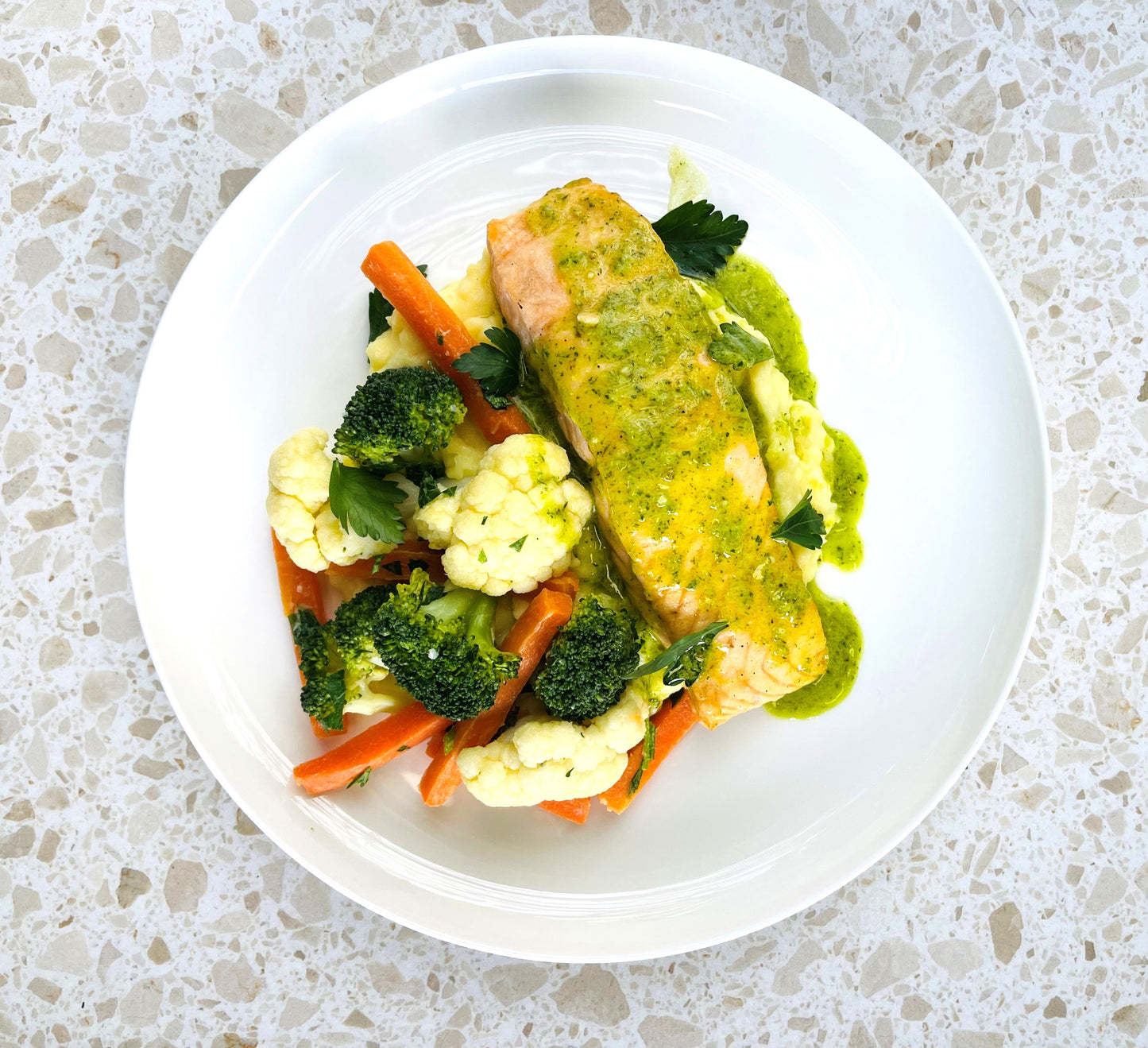 Oven Baked Salmon with Herb Butter,  Mash & Veg| Naturally GF 400-450g